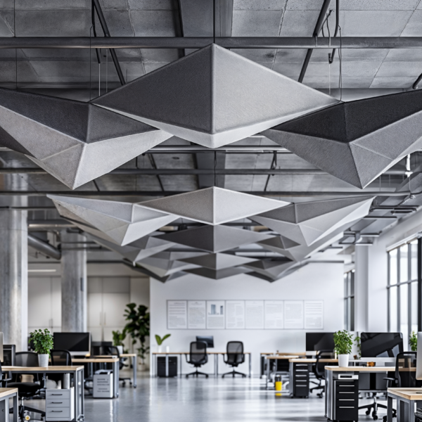 A modern open office space with acoustical ceilings to help with taming office noise.