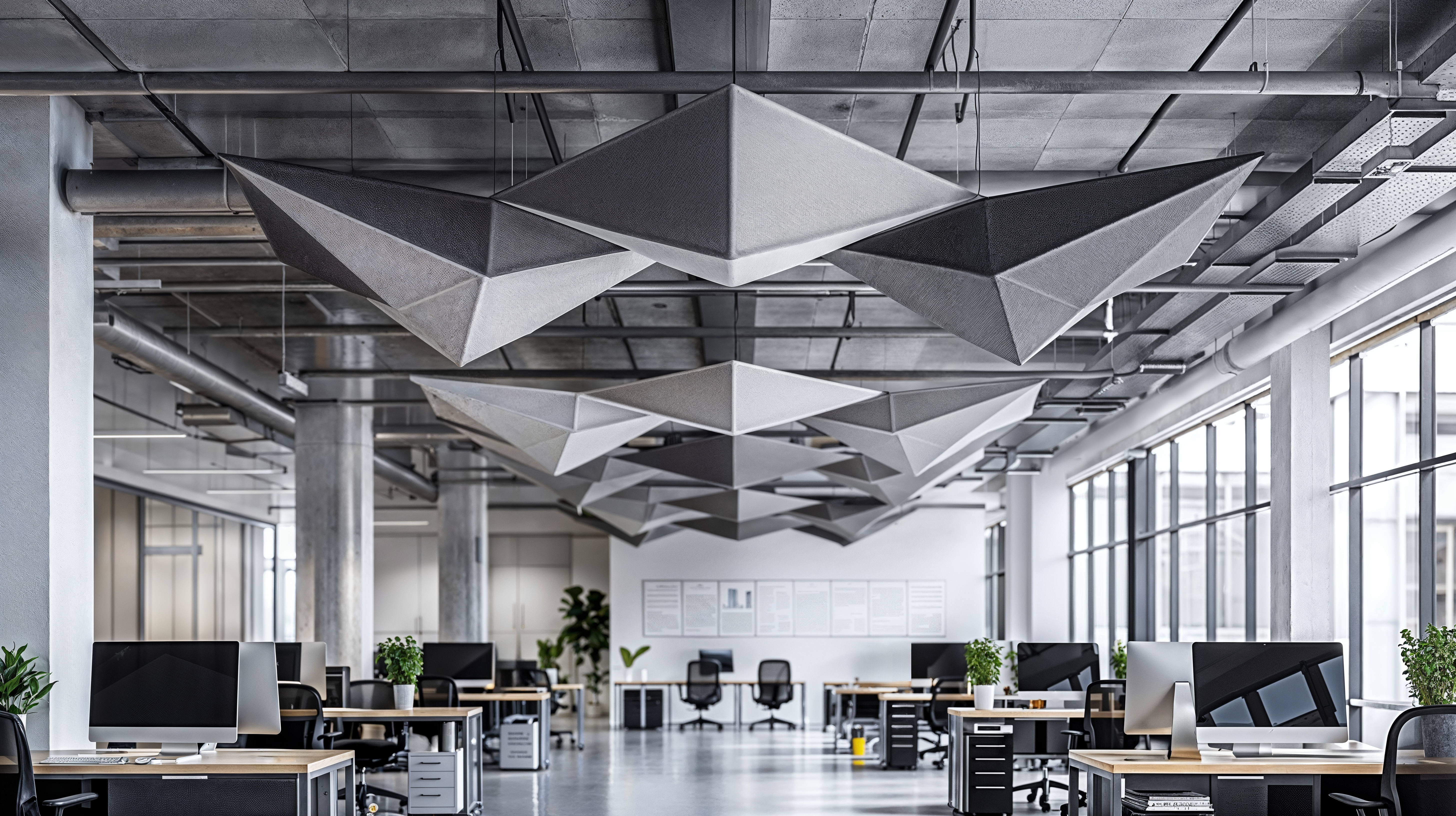 A modern open office space with acoustical ceilings to help with taming office noise.