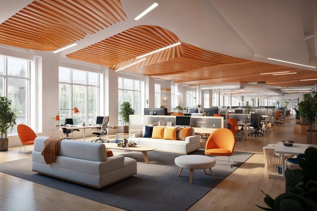 A modern open office space with a wood slat acoustical ceiling, white walls and orange accents, large windows on the left side of the room.