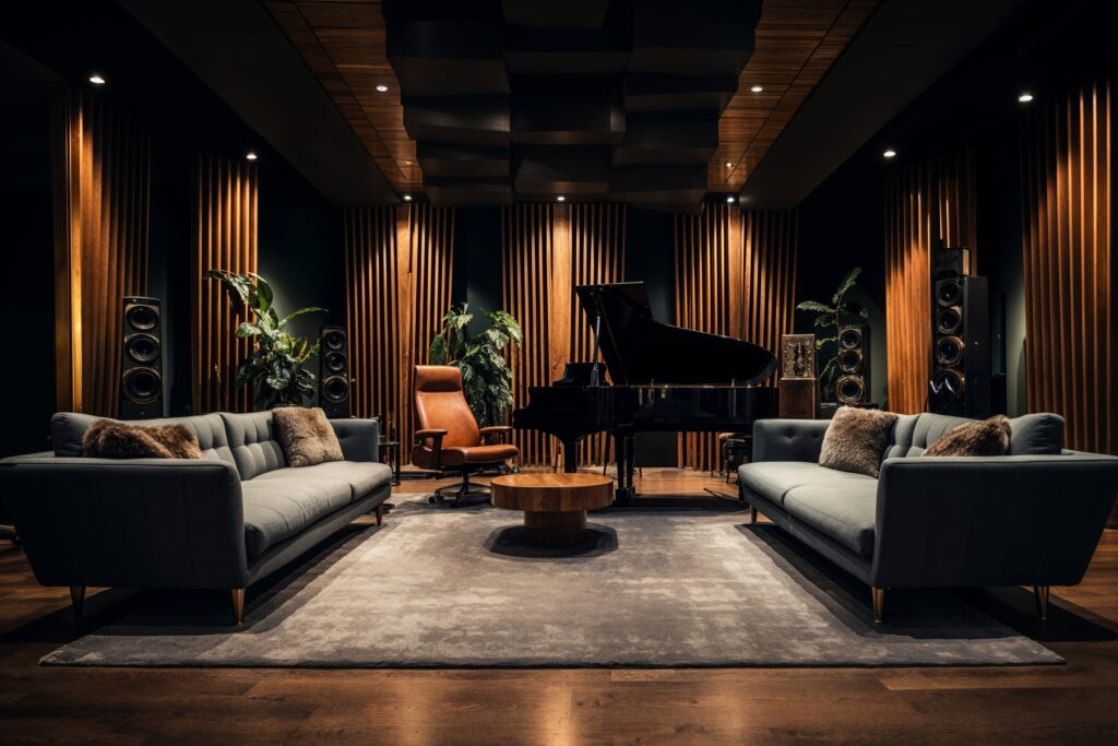 A high-end music studio, featuring two sofas and an armchair in front of a black piano with a surround sound system. The dark acoustical wood paneling walls have vertical slats, with ambient lighting creating soft shadows on the furniture. Indoor plants add life to the space.