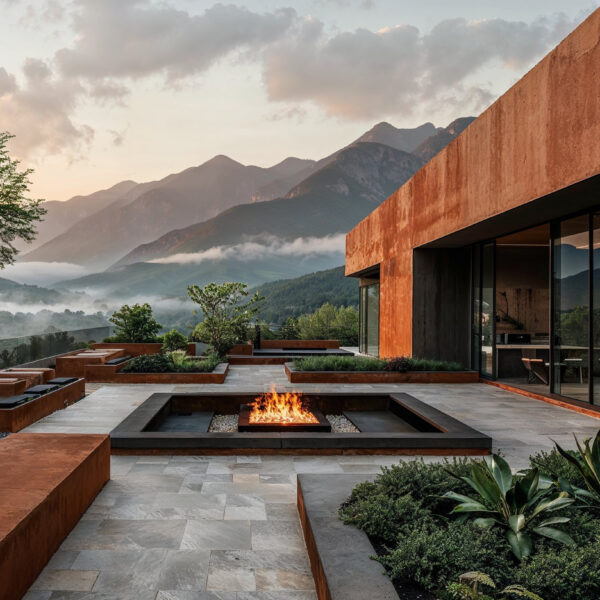 AI generated image of a minimalist modern luxury hotel with terracota and an outdoor patio with built in fire pit.