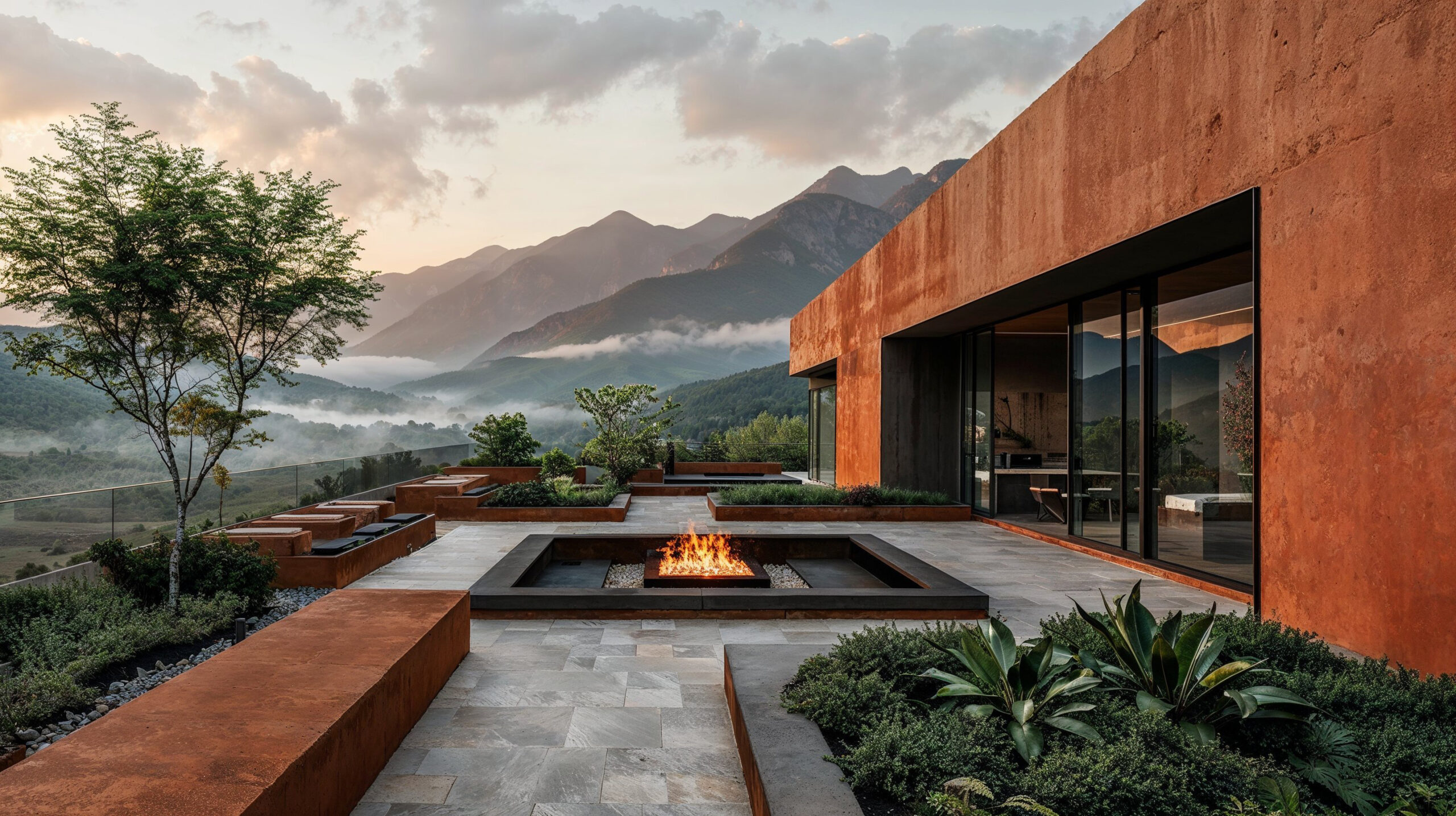 AI generated image of a minimalist modern luxury hotel with terracota and an outdoor patio with built in fire pit.