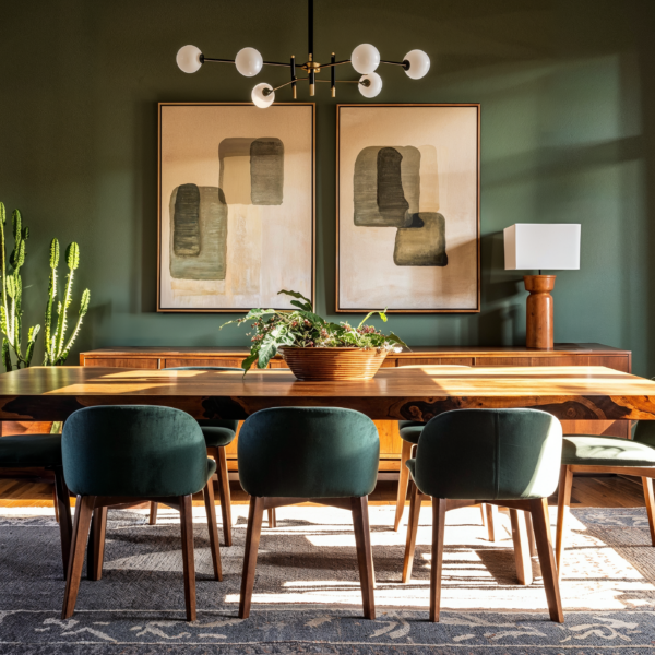 A warm and cozy dining room with dark green paint on the walls with a wood table ontop of a an area rug, surrounded by wood and green upholstered chairs. Windows on the right side of the room and glass doors on the left fill the room with light.