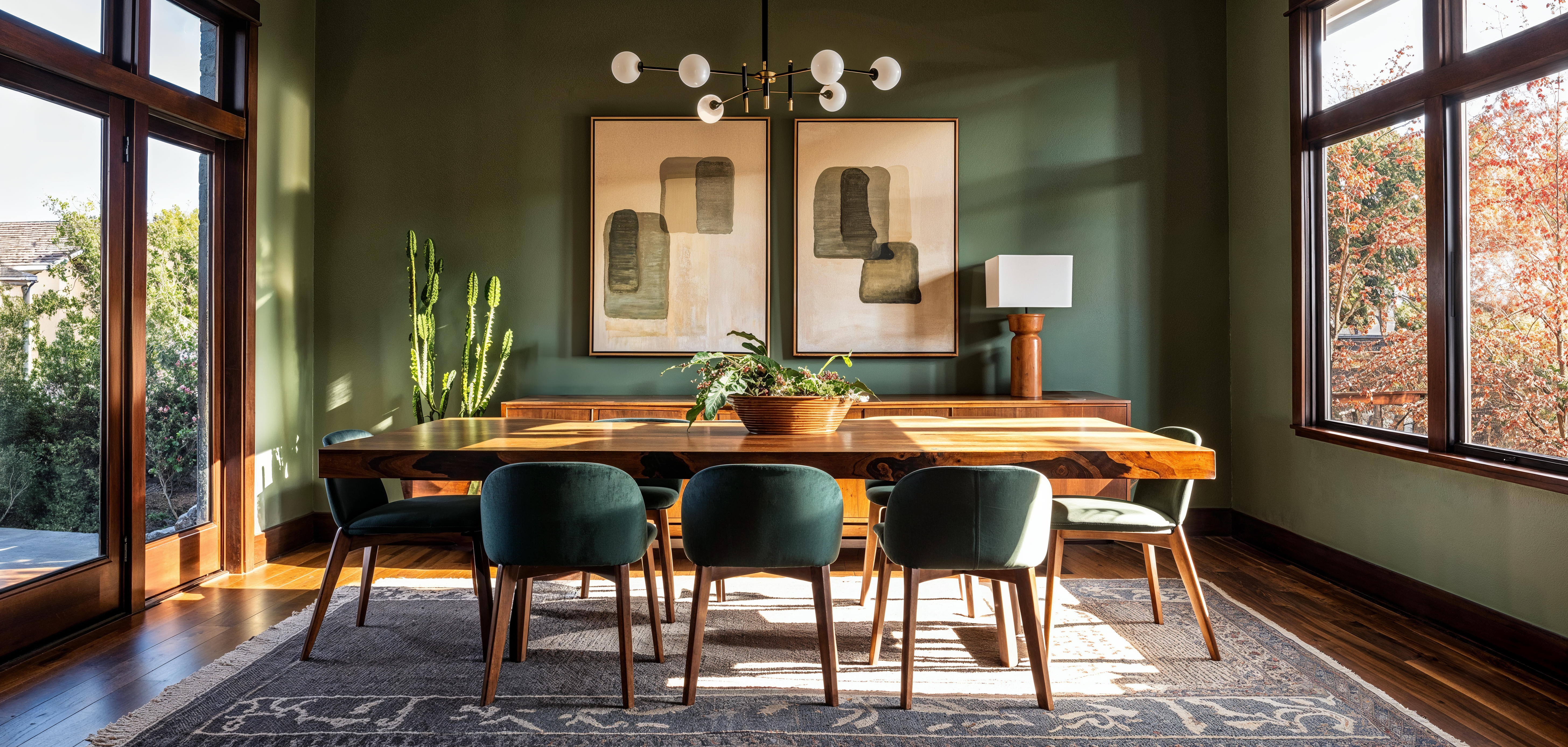 A warm and cozy dining room with dark green paint on the walls with a wood table ontop of a an area rug, surrounded by wood and green upholstered chairs. Windows on the right side of the room and glass doors on the left fill the room with light.