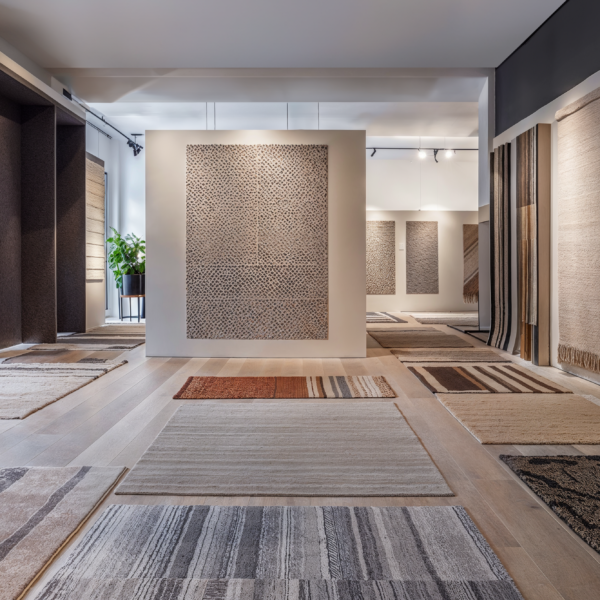 A showroom with a variety of carpets and rugs displayed on the walls and on the floors. Illustrating the type of materials that CRI Green Label Plus applies to.