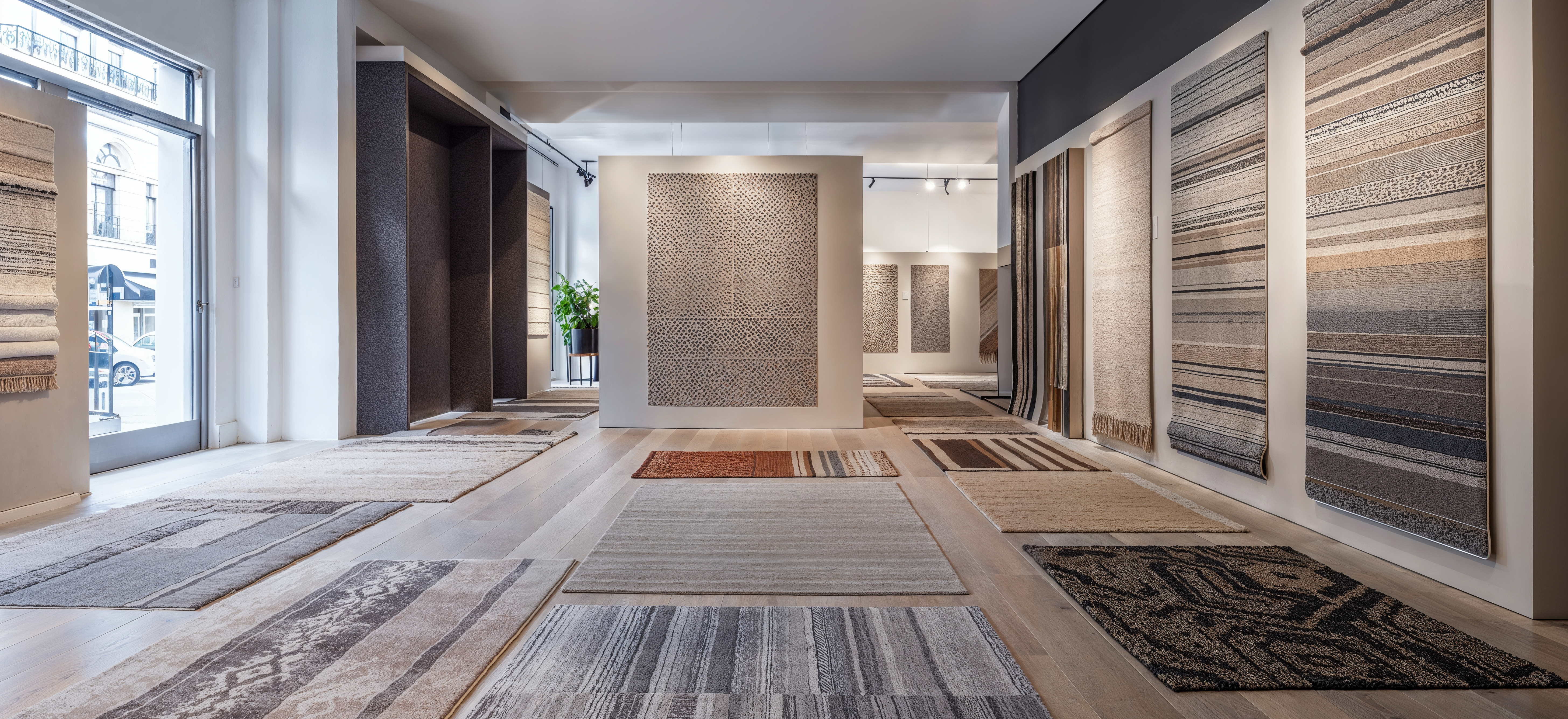 A showroom with a variety of carpets and rugs displayed on the walls and on the floors. Illustrating the type of materials that CRI Green Label Plus applies to.