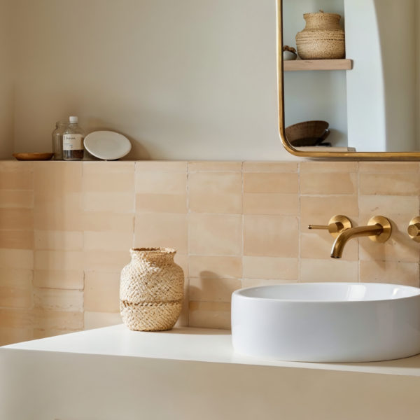 A spa-like bathroom from Kohler featuring natural colors with a white sink and gold faucet hardware.