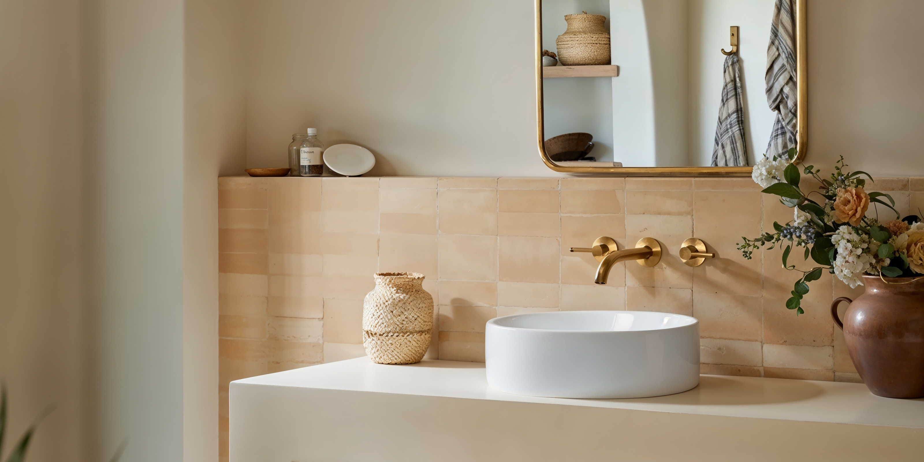 A spa-like bathroom from Kohler featuring natural colors with a white sink and gold faucet hardware.