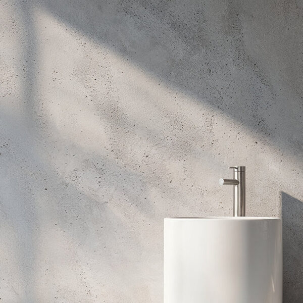 Minimalist bathroom with an off-white sculptural sink and concrete wall, natural lighting casting soft shadows on the wall and creating a tranquil atmosphere.