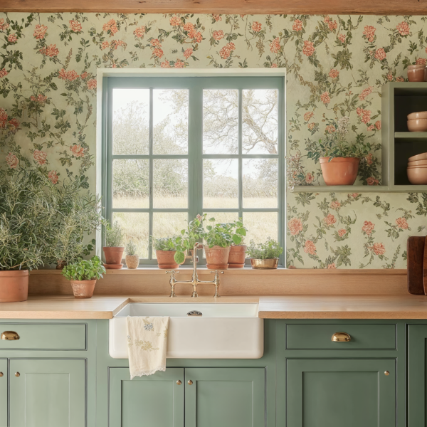 Cottagecore kitchen with floral wallpaper, natural lighting, farmhouse kitchen sink, plants, wooden countertop, modern green cabinets.