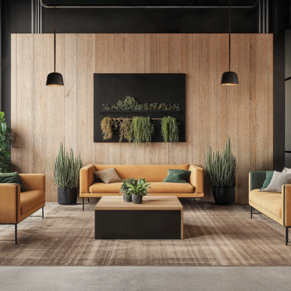 Resimercial design in an office lobby featuring concrete floors, modern couches, greenery, coffee table, wood paneling, and neutral rug.