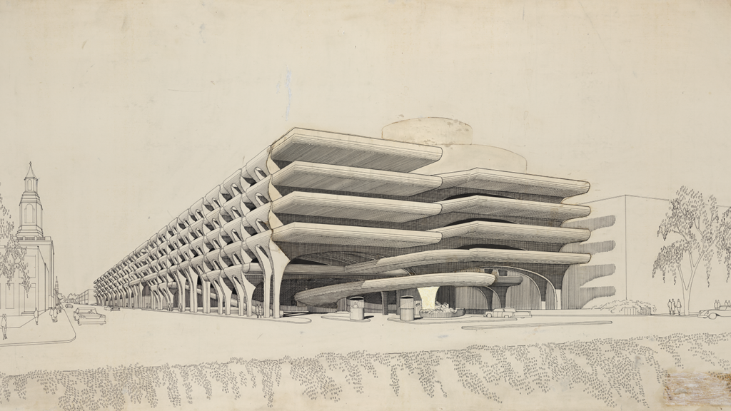 A drawing by architect Paul Rudolph shows his Temple Street Parking Garage in New Haven, built of reinforced concrete in 1959. 