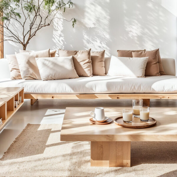 A living room designed in Japandi style minimalist design, featuring natural wood furniture and soft beige cushions arranged on an elegant wooden table. The space is bathed in warm sunlight through large windows, creating a serene atmosphere with a touch of modernity.