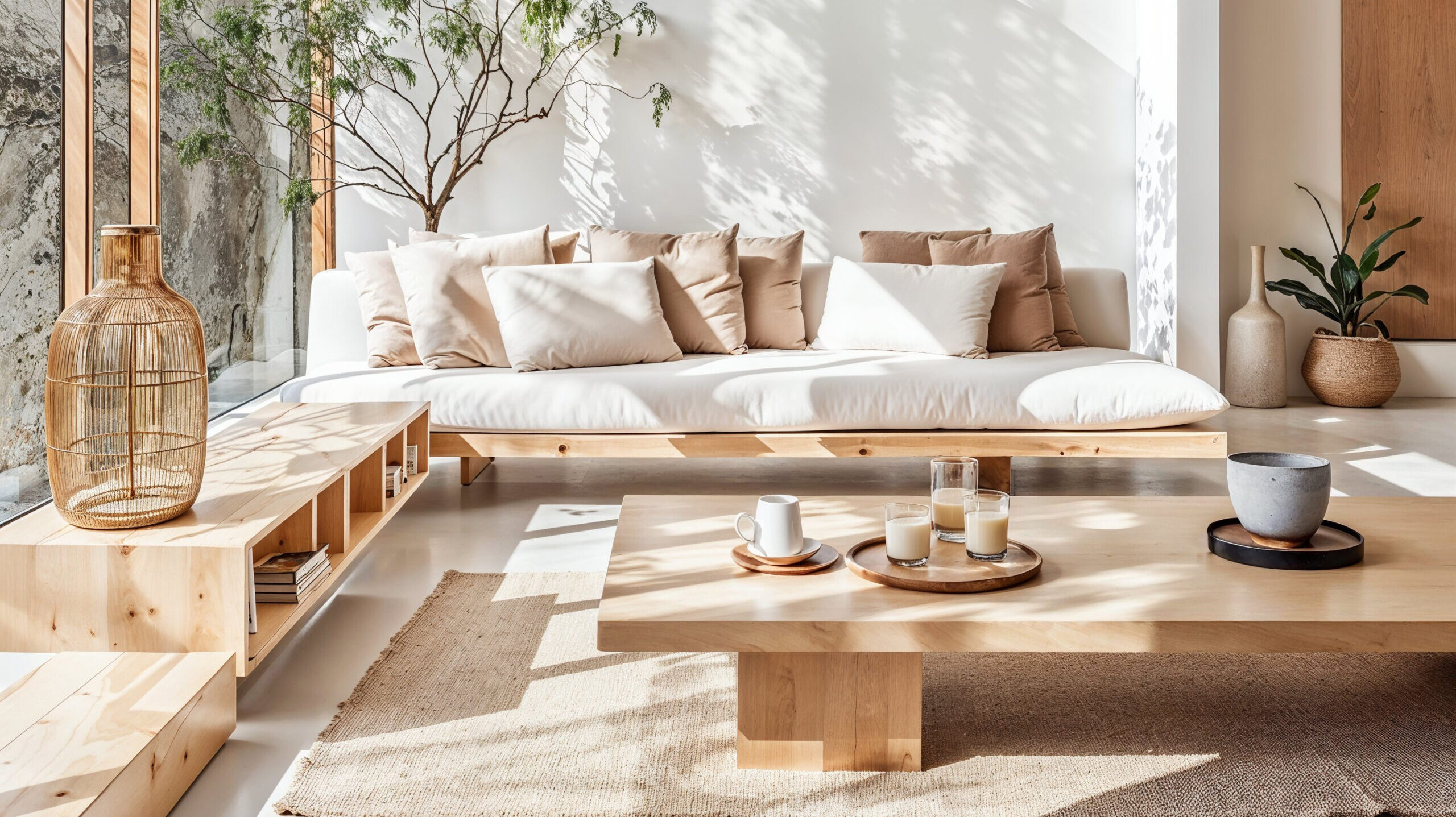 A living room designed in Japandi style minimalist design, featuring natural wood furniture and soft beige cushions arranged on an elegant wooden table. The space is bathed in warm sunlight through large windows, creating a serene atmosphere with a touch of modernity.