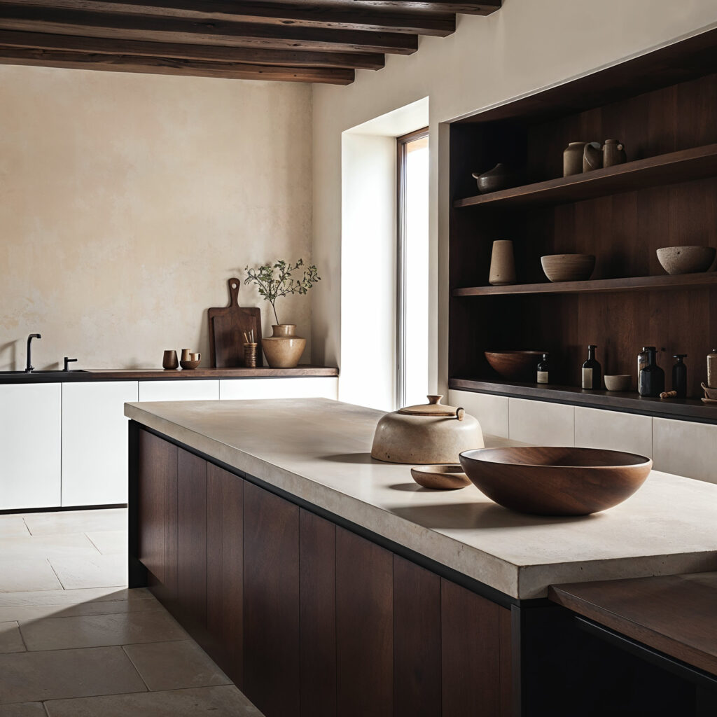 A Japandi style minimalist kitchen with dark wood cabinets and white stone countertop, open shelving filled with ceramic pots and decor in the style of wabi sabi, warm neutral tones.