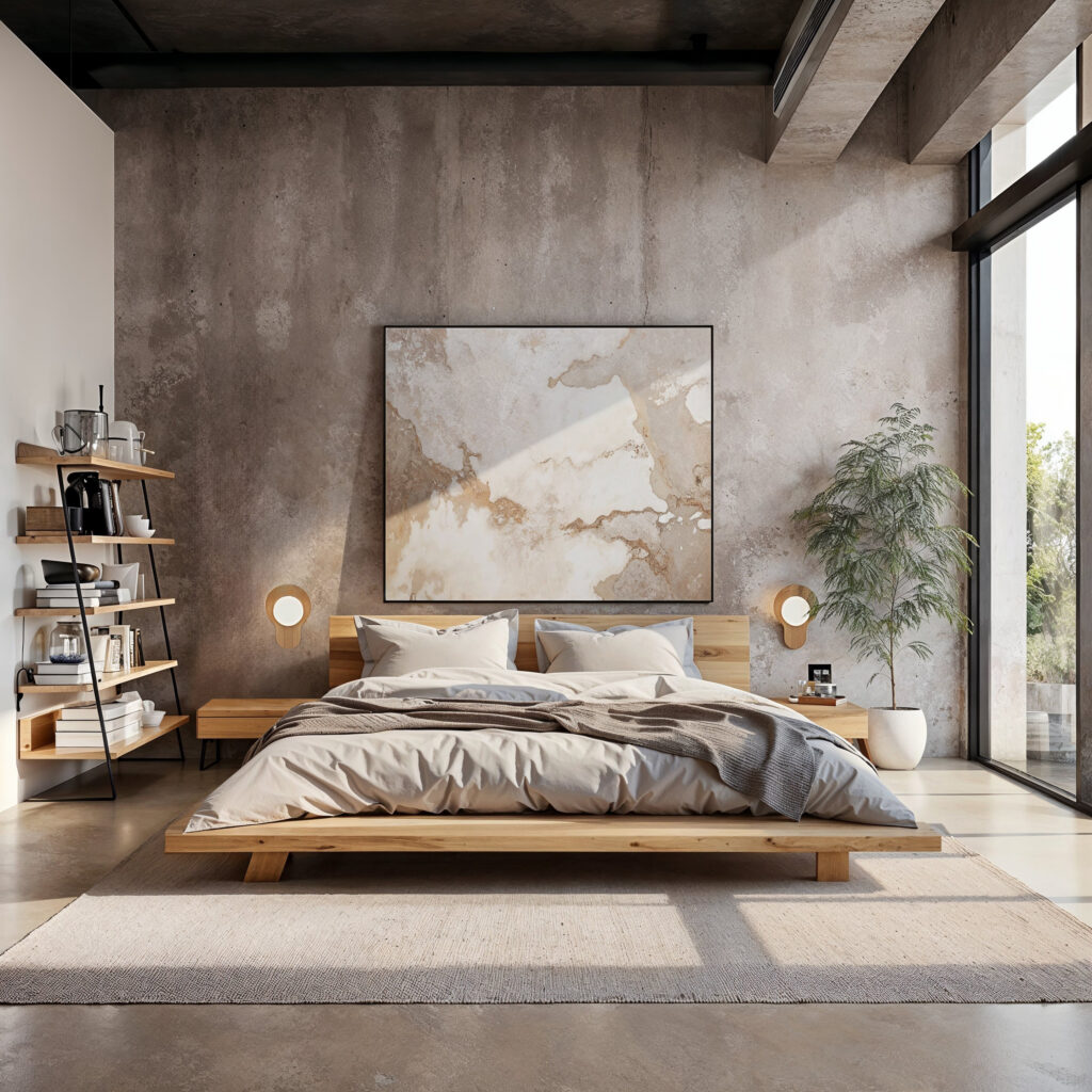 Modern Japandi style bedroom with a wood bed, neutral tones and accent colors, a large framed wall art mounted above the bed on a concrete wall, a window with a black frame, industrial lighting, a book shelf, plants on the side of the room.