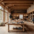 Swiss Alpine design clothing story with wood floors, wood walls, ceiling beams and wood display shelves and tables. The wood is broken up by stone detailing running along the walls and large floor to ceiling windows letting in plenty of natural light.