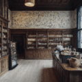 A British arts and crafts designed store with wooden shelving, coffered ceilings, and decadent windows.