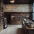 A British arts and crafts designed store with wooden shelving, coffered ceilings, and decadent windows.