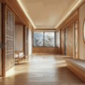 A Koren Hanok designed healthcare space with wooden wall paneling, soft lighting, and coffered ceilings.