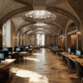 An Ottoman Turkish designed educational space with stone tile flooring, arched ceilings, and wooden furniture.
