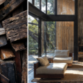 Image highlighting circular economy with a split image. The left side is a pile of used wood and on the right an image of a living room with wood walls, floor and furniture. Showing how the material can be reused again.