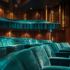 A modern auditorium design with teal upholstered seats, curved design and wood paneling for optimal acoustics.