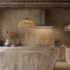 Wabi-sabi kitchen with stone island, wood cabinets and neutral color palette.