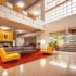 Mid-Century Modern Reimagined in a commercial lobby, with neutral flooring and walls with pops of yellow and red.