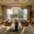 A decadent dining room with wood floors, beige, brown and cream carpet sitting underneath and black marble dining table with gold accents. A glass and gold chandelier hangs from the ceiling.