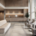 Ergonomic furniture in healthcare waiting room with staff desk along back wall, wrapped in wood paneling. Beige stone floors are easy to clean and ergonomic couches and chairs allow for more comfortable seating for visitors waiting to be seen.