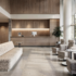 Ergonomic furniture in healthcare waiting room with staff desk along back wall, wrapped in wood paneling. Beige stone floors are easy to clean and ergonomic couches and chairs allow for more comfortable seating for visitors waiting to be seen.