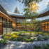 A regenerative architecture healthcare space with lush greenery and plants, stone pavement, large glass windows, and wood paneling.