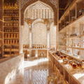 A Moroccan design tea shop with stone floors, intricate detailed design, and archways throughout the space. Shelves filled with various teas and design in neutral colors of beige, cream and golds.